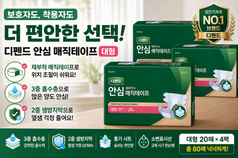 성인용 기저귀 패드 슬림 중형 특대형 테이프형 팬티형 – 디펜드 안심 매직테이프 대형 20매 4팩