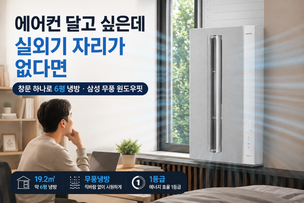 삼성 창문형 에어컨 추천｜실외기 설치 어려운 방도 무풍으로 – 비스포크 무풍 윈도우핏 AW06C7155GWAZ 제품 이미지
